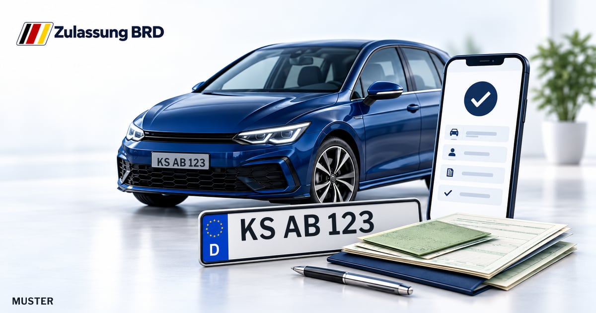 Online Fahrzeugzulassung in Baunatal: Musterkennzeichen KS AB 123, Auto und Fahrzeugpapiere und Smartphone. Illustration mit Logo von Zulassung BRD.